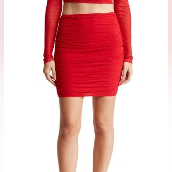 AFRM Desani Rhinestone Dotted Ruched Miniskirt In Red - Picture 1 of 7